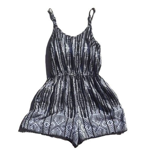 Mossimo Spaghetti Strap Scoop Neck Cinched Waist Aztec Scalloped Romper Blk Sz S - Picture 1 of 9